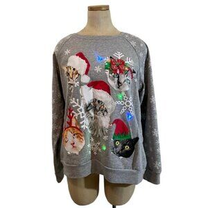 Holiday Christmas Sweater women's  L gray cat sweater light up